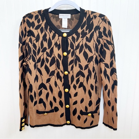Draper’s & Damon’s Brown & Black Leaf Print Gold Button Cardigan Sweater MP NEW - Picture 1 of 5